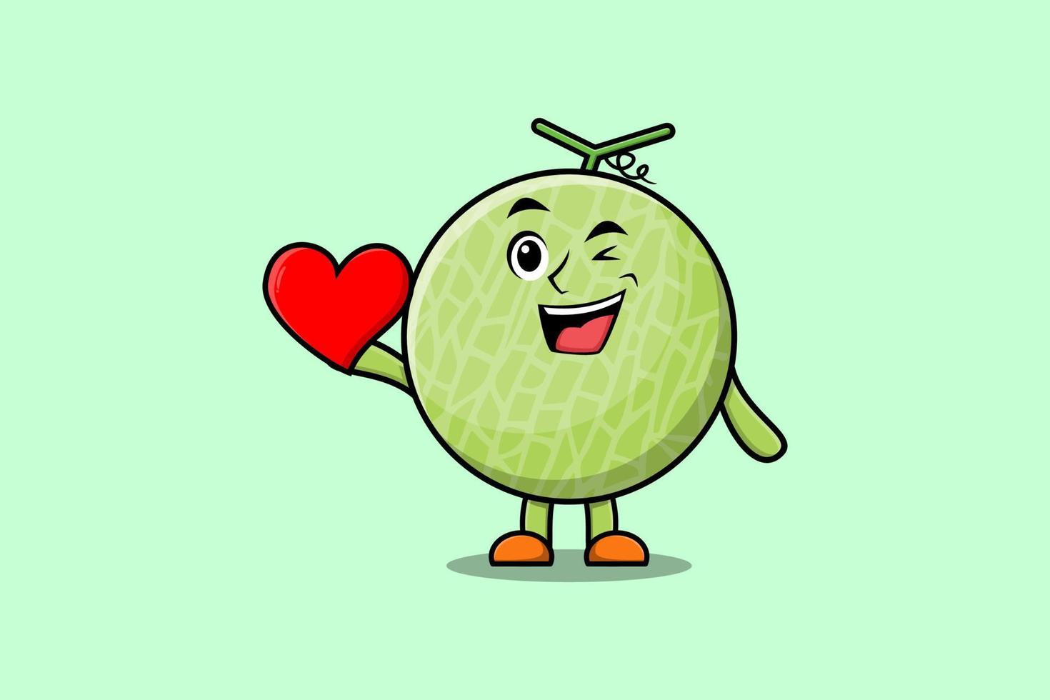 lindo personaje de dibujos animados de melón con un gran corazón rojo vector