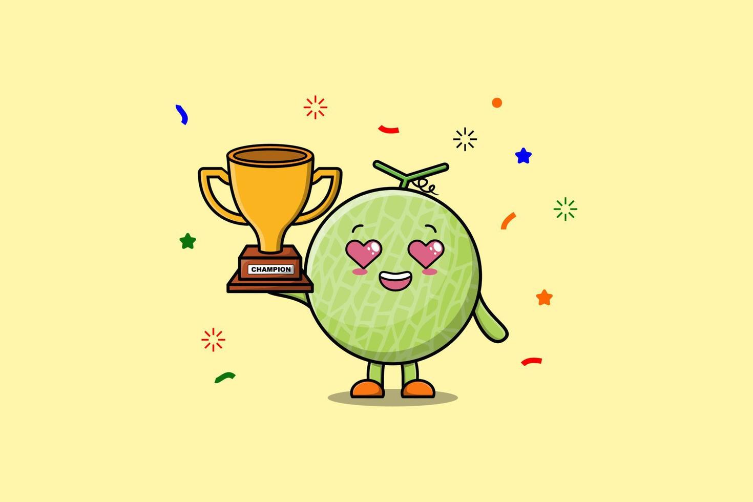 linda caricatura de melón está sosteniendo un trofeo de oro vector