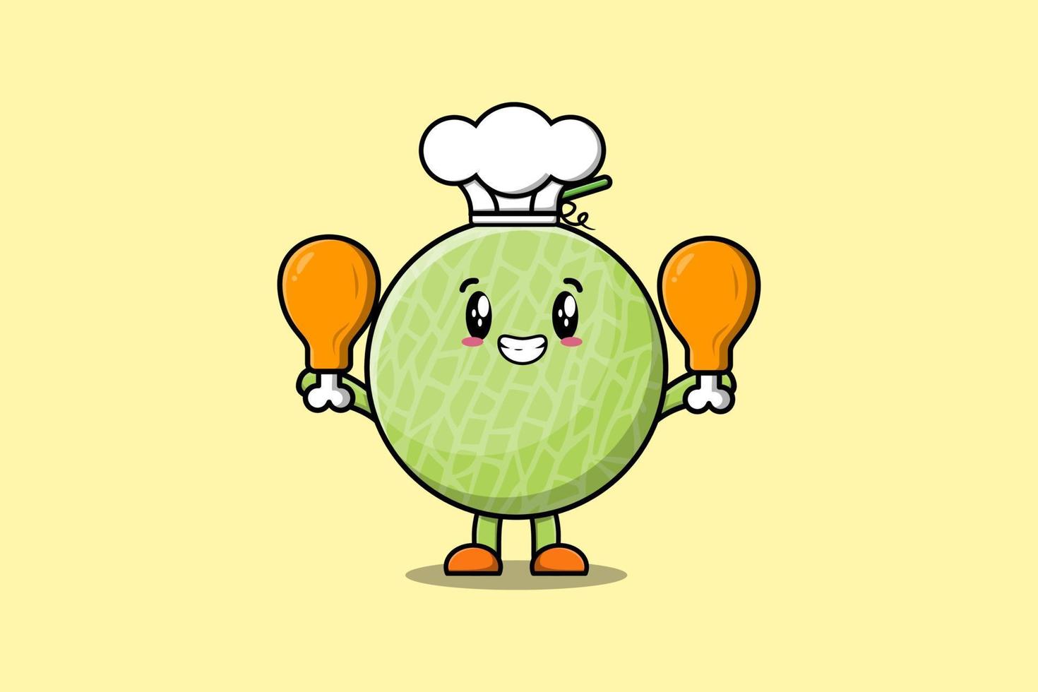 Cute cartoon Melon chef holding two chicken thighs vector