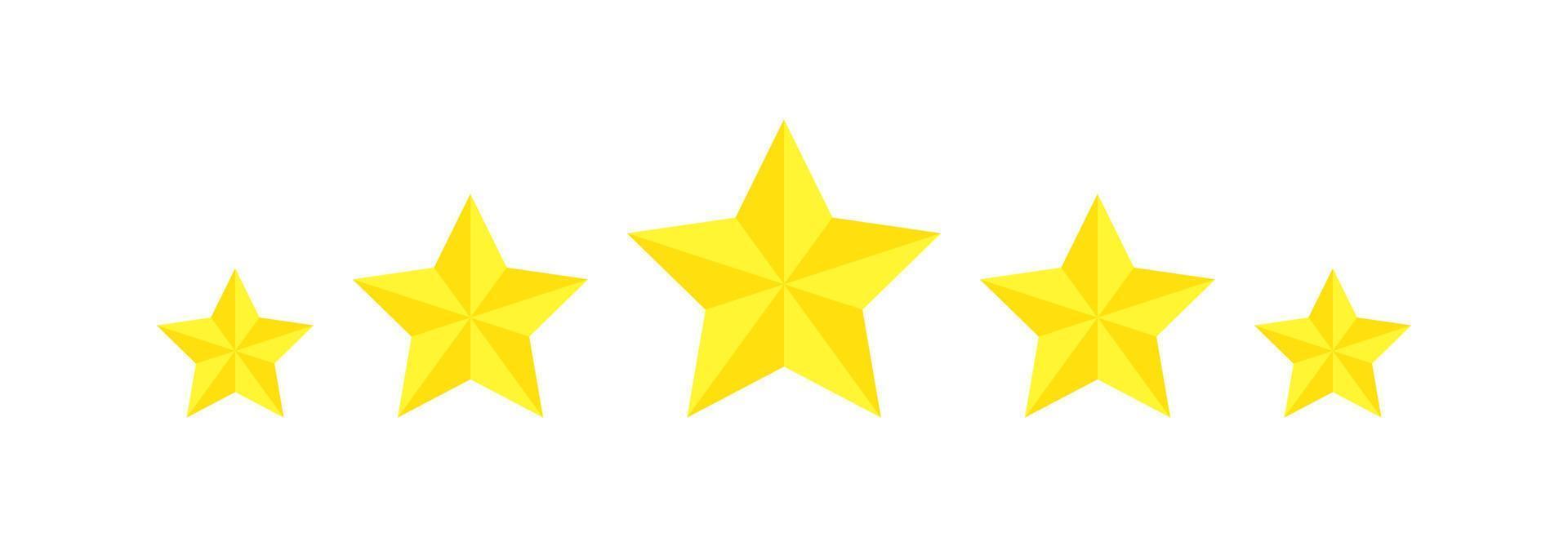 Five star rating, flat icon review for apps and websites. Yellow 5 star rank sticker isolated on a white background. For customer ratings or levels of food products, services, hotels, or restaurants. vector