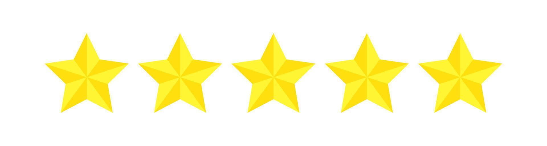 Five star rating, flat icon review for apps and websites. Yellow 5 star rank sticker isolated on a white background. For customer ratings or levels of food products, services, hotels, or restaurants. vector