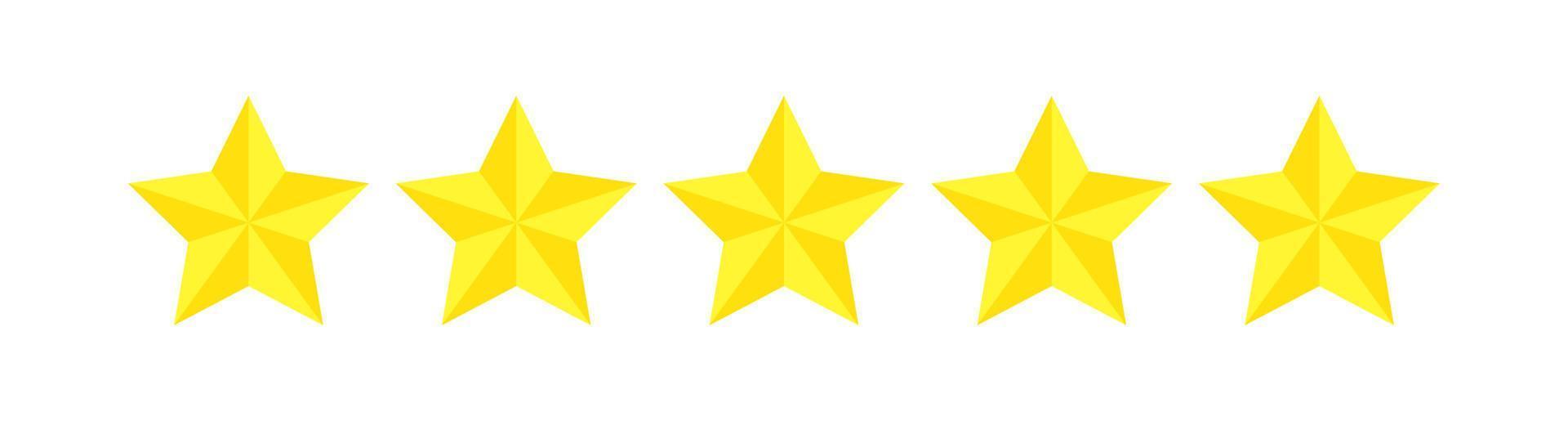 Five star rating, flat icon review for apps and websites. Yellow 5 star rank sticker isolated on a white background. For customer ratings or levels of food products, services, hotels, or restaurants. vector