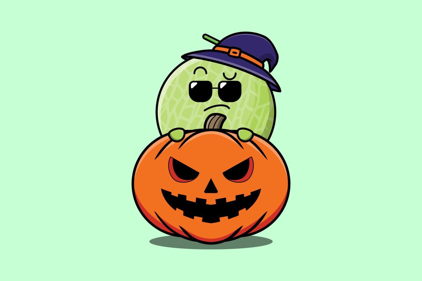 lindo personaje de dibujos animados de melón escondido en calabaza vector