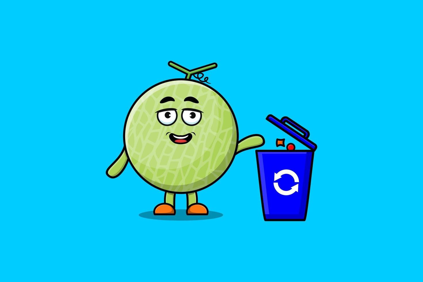 Cute cartoon Melon throwing trash in the trash vector