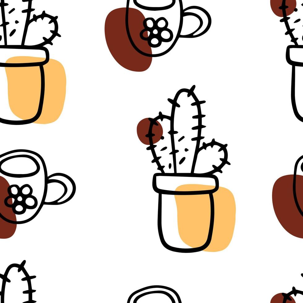 Seamless pattern Doodle cactus, home plant hand drawn vector