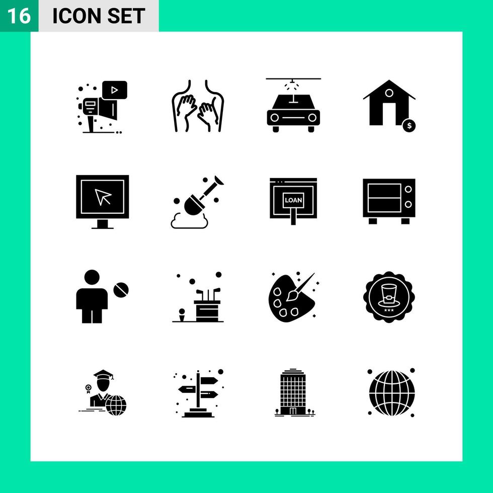 paquete de 16 símbolos de glifo de conjunto de iconos de estilo sólido para imprimir signos creativos aislados en fondo blanco vector