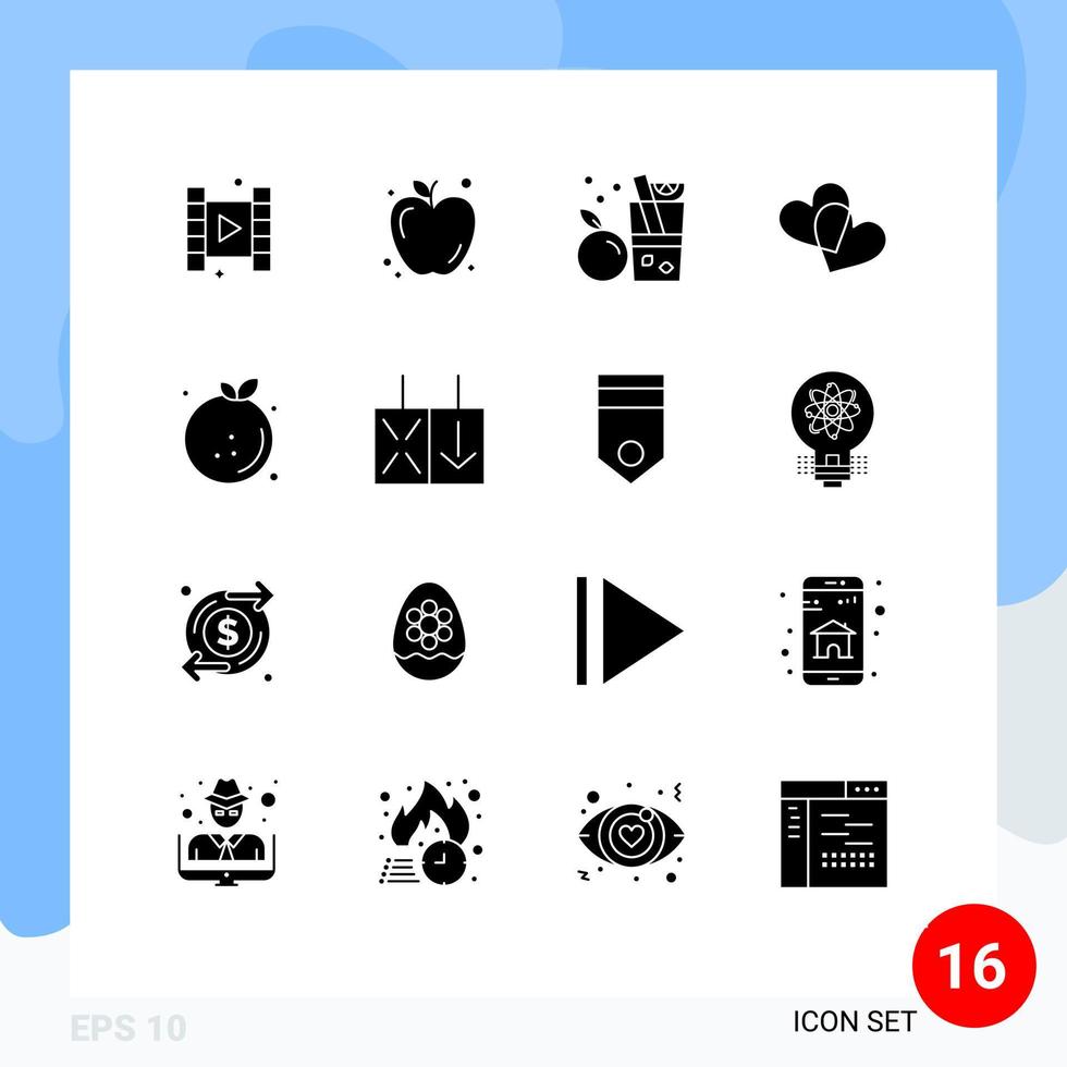 User Interface Pack of 16 Basic Solid Glyphs of orange food juice diet love Editable Vector Design Elements