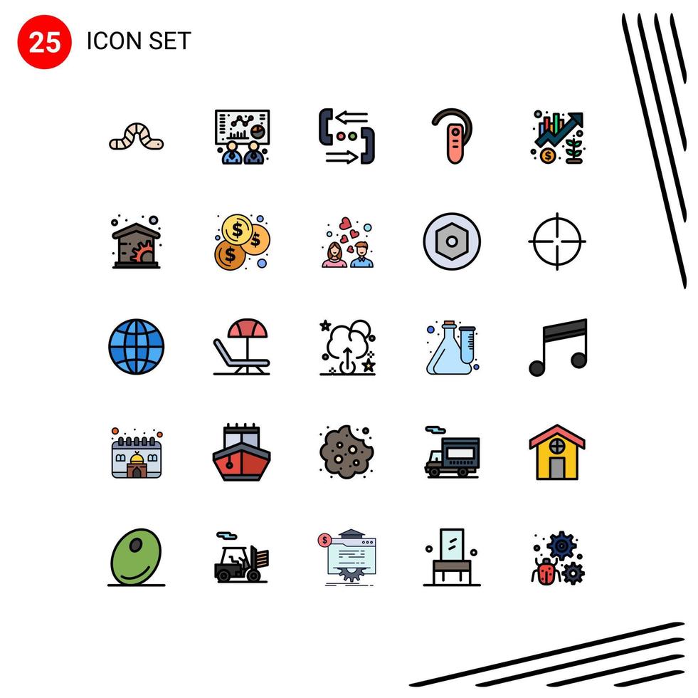Modern Set of 25 Filled line Flat Colors Pictograph of chart headphone communication ear accessory Editable Vector Design Elements