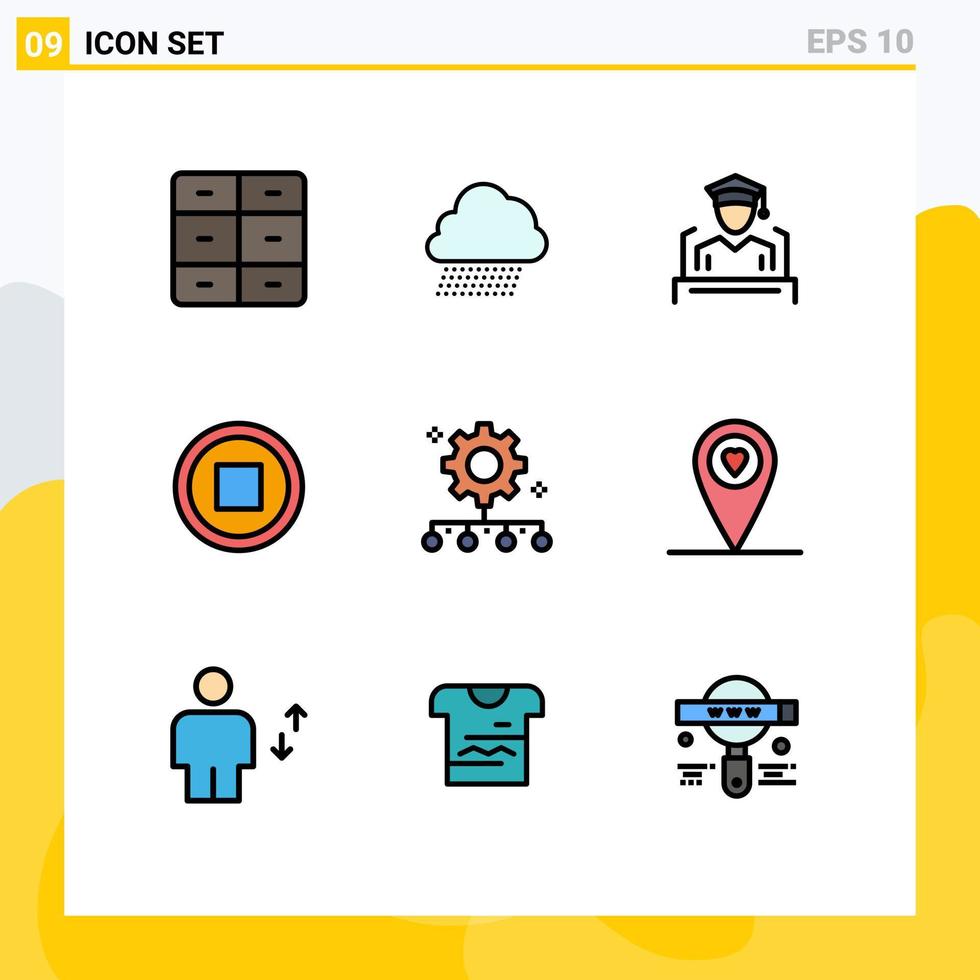User Interface Pack of 9 Basic Filledline Flat Colors of team performance authority responsibility cap user basic Editable Vector Design Elements