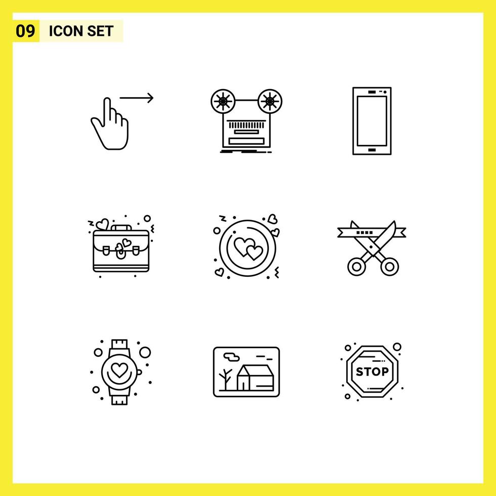 Pictogram Set of 9 Simple Outlines of day bag tape iphone mobile Editable Vector Design Elements