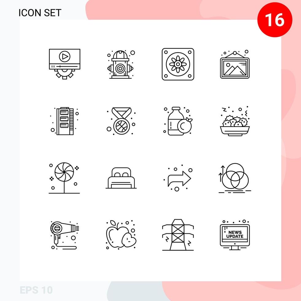 Set of 16 Modern UI Icons Symbols Signs for ram hardware water frame image Editable Vector Design Elements