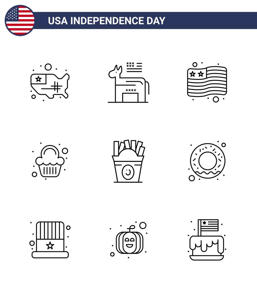 Set of 9 Modern Lines pack on USA Independence Day food frise country celebration party Editable USA Day Vector Design Elements