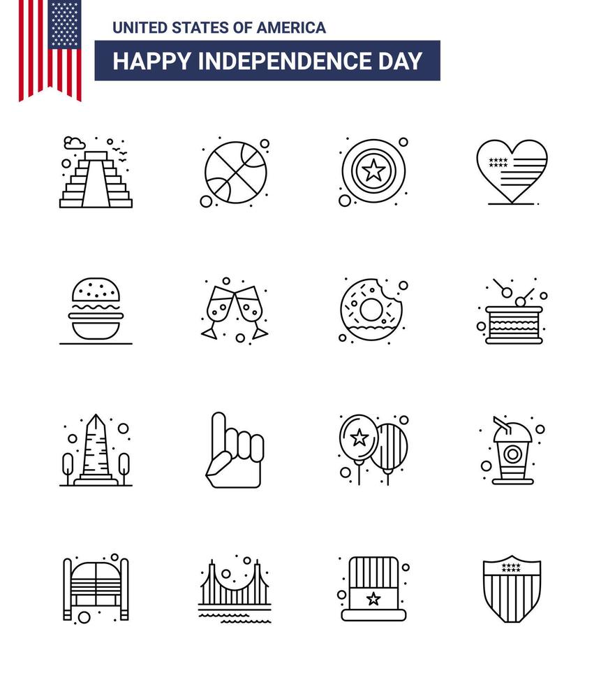 16 USA Line Signs Independence Day Celebration Symbols of eat flag men american heart Editable USA Day Vector Design Elements