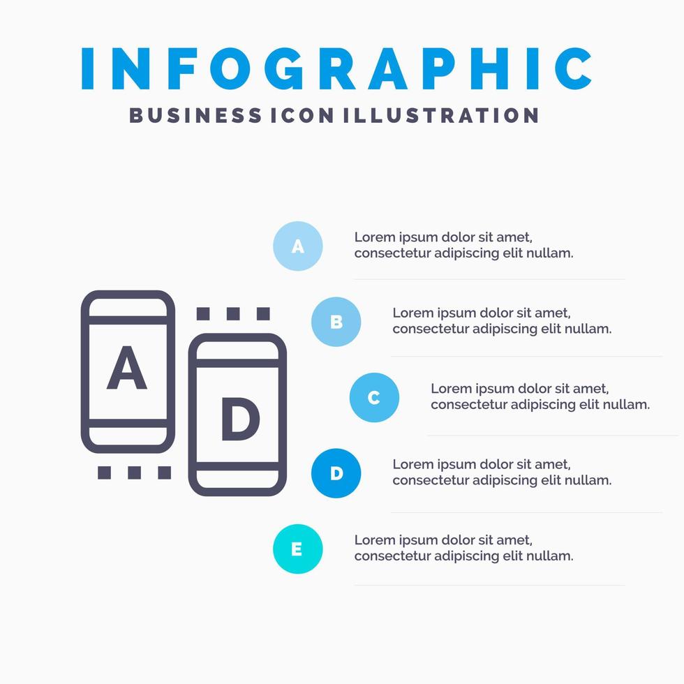 icono de línea de tableta en línea de marketing publicitario con fondo de infografía de presentación de 5 pasos vector