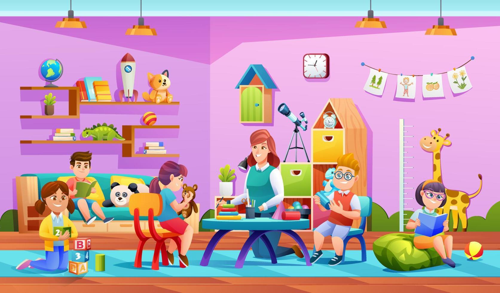 actividad de maestros y niños en la ilustración de jardín de infantes. dibujos animados de niños en edad preescolar vector