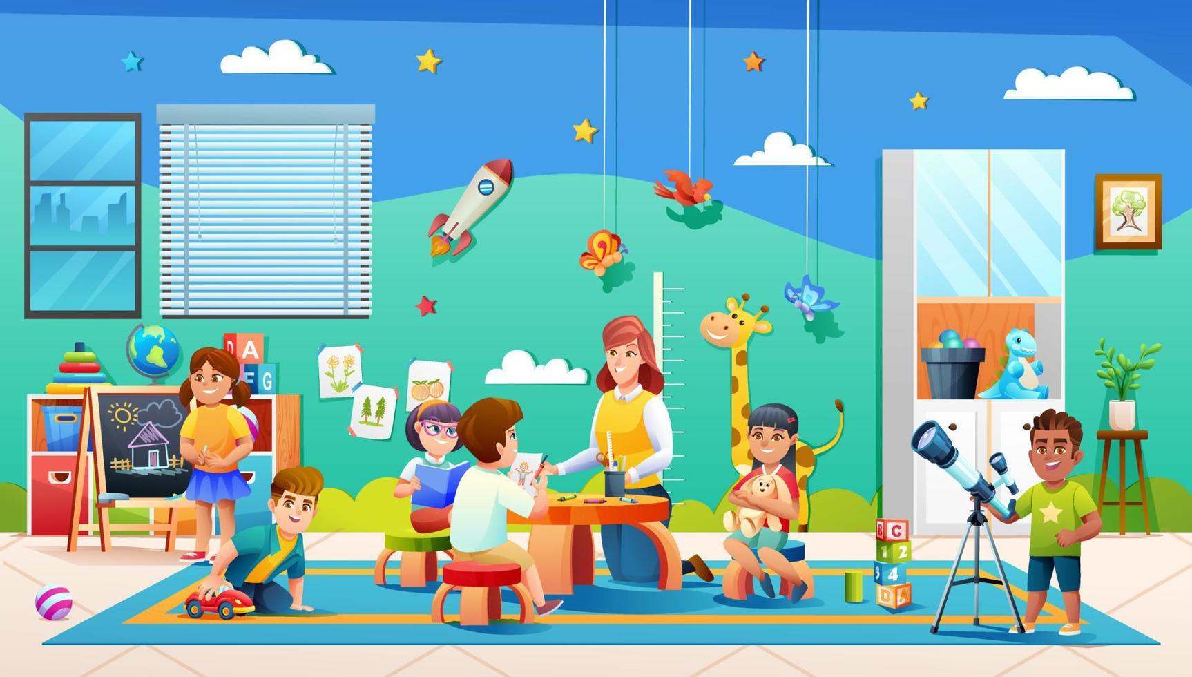 Preschool kids cartoon. Kindergarten classroom with teacher and student
