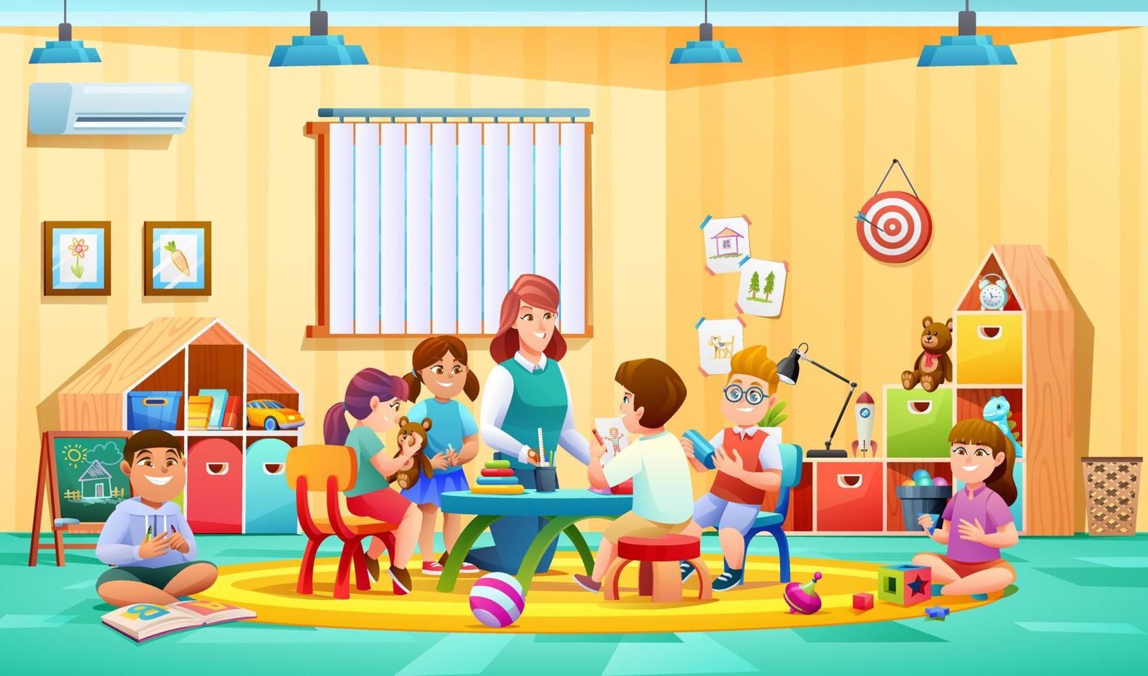 Teacher and children activity in kindergarten classroom vector illustration