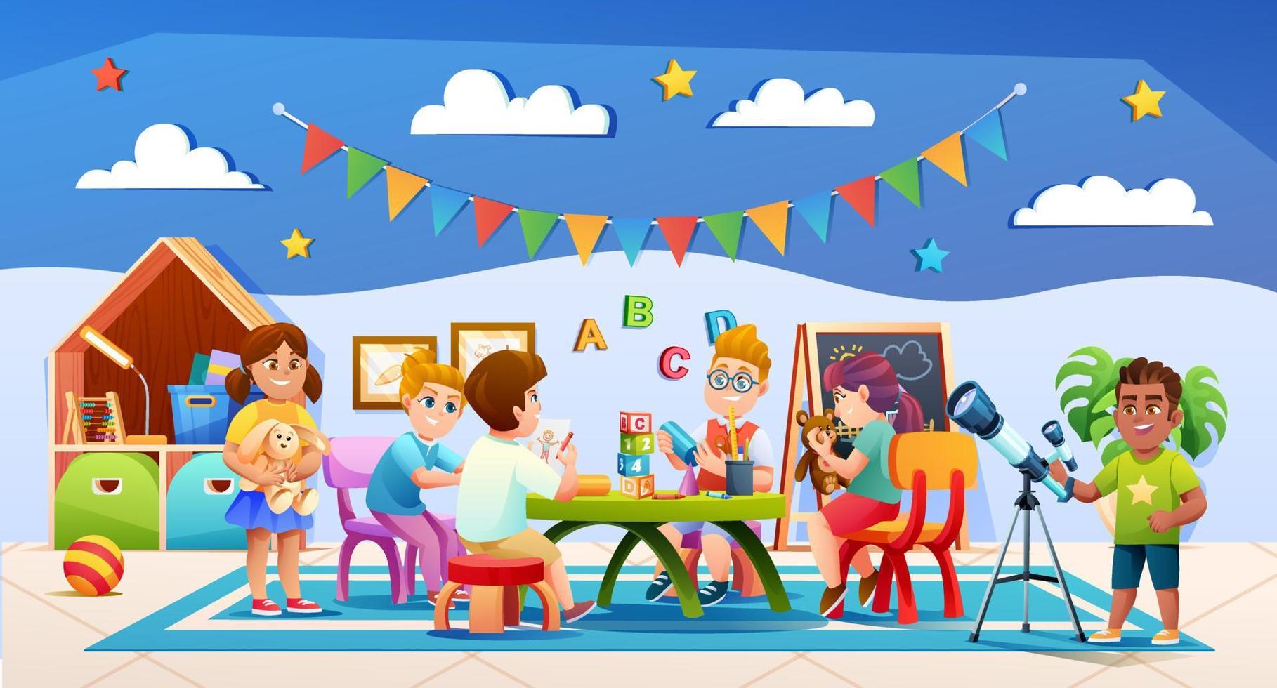 niños alegres jugando juntos en el aula de jardín de infantes ilustración vectorial vector