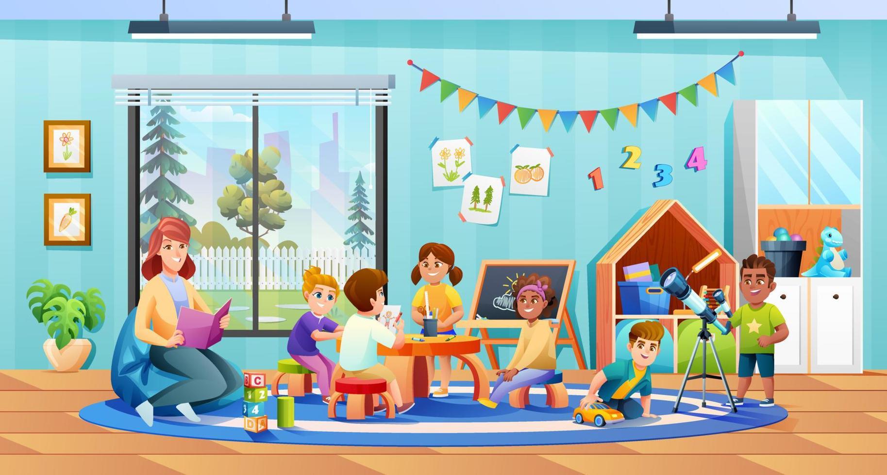Teacher And Kids Activity In Kindergarten Classroom Vector Illustration teacher-and-kids-activity-in-kindergarten-classroom-vector-illustration