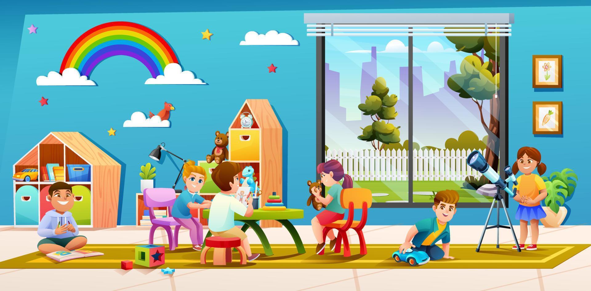 Cheerful children playing together in kindergarten classroom cartoon illustration vector