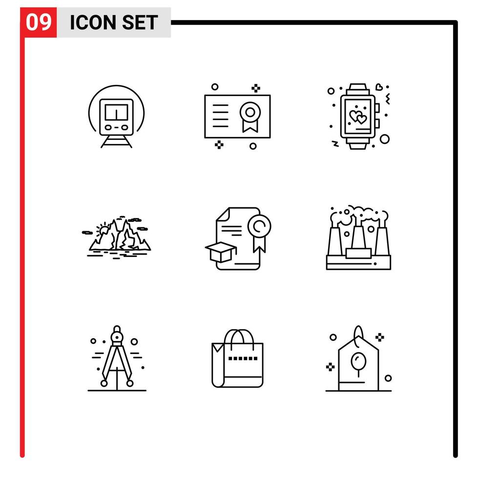 Mobile Interface Outline Set of 9 Pictograms of mountain hill diploma nature watch Editable Vector Design Elements