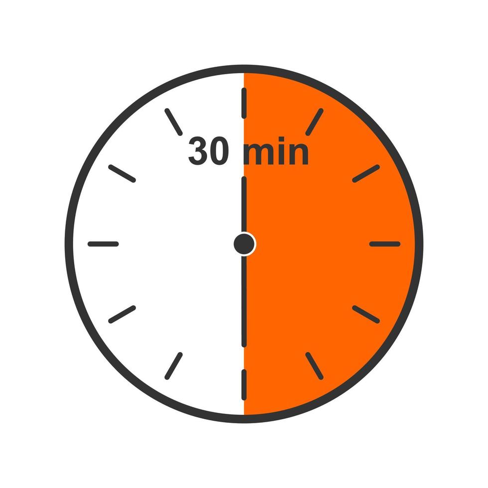 icono de reloj con intervalo de tiempo de 30 minutos. media hora. temporizador de cuenta regresiva o símbolo de cronómetro. elemento infográfico para cocina o juego deportivo. vector