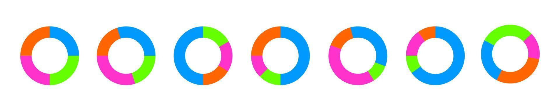 Donut chart examples. Circle diagrams divided in 4 sections of different colors. Simple infographic pie or wheel templates. Round shapes cut in four parts vector