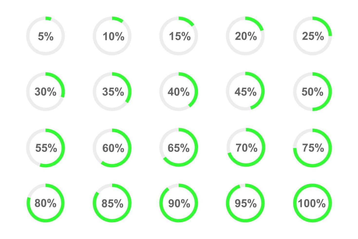 Round loading bars with percentage numbers divided on segments from 1 to 20. Progress, waiting or download symbols set. Infographic animation elements for website interface vector