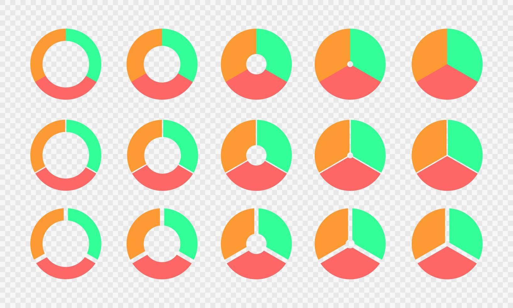 Pie and donut charts set. Circle diagrams divided in 3 sections of different colors. Infographic wheels. Round shapes cut in three parts isolated on transparent background vector