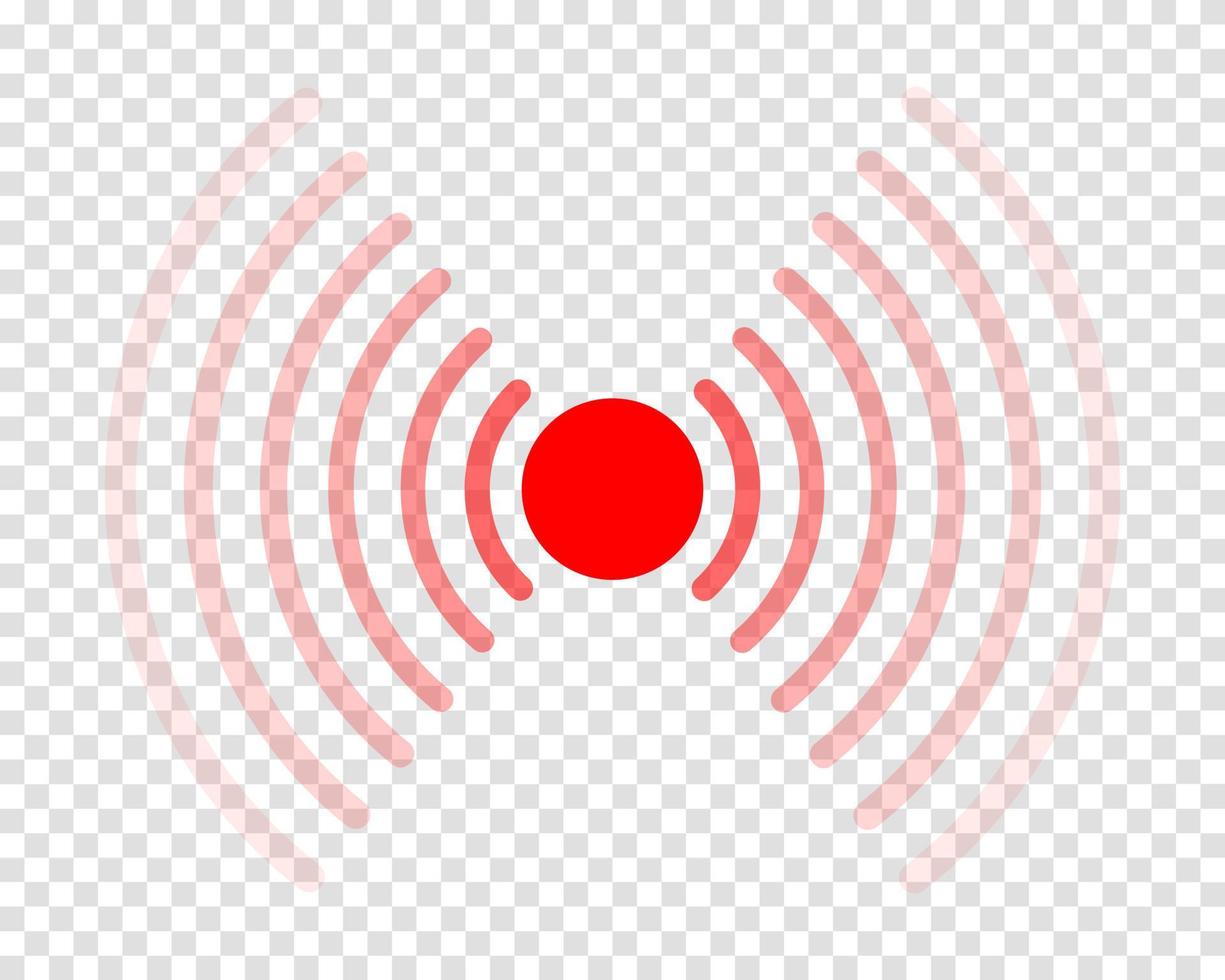 icono de punto de dolor rojo. símbolo herido. signo de localización del dolor. onda de radar o sonar aislada en fondo transparente vector