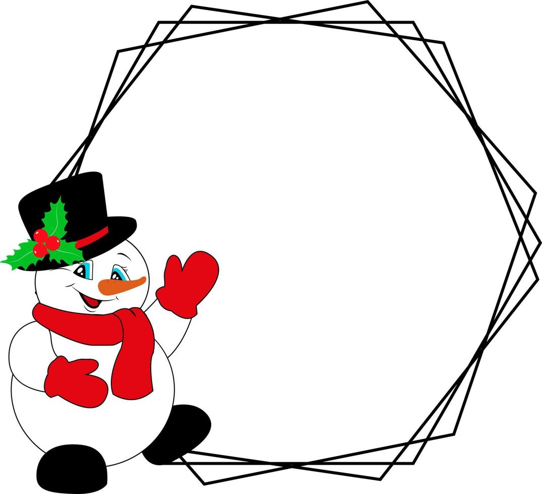 In gloves and a scarf, a snowman in a hat on the background of the frame. Photo frame. vector