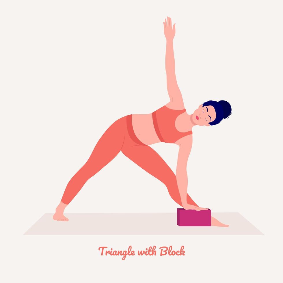 Triangle with Block Yoga pose. Young woman practicing yoga exercise. Woman workout fitness, aerobic and exercises. vector