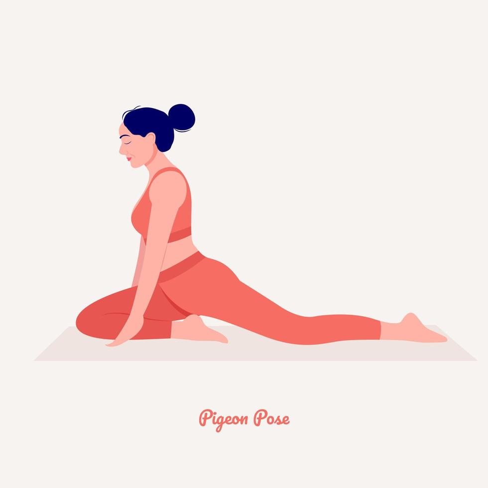 Pigeon Yoga pose. Young woman practicing yoga exercise. Woman workout fitness, aerobic and exercises. vector