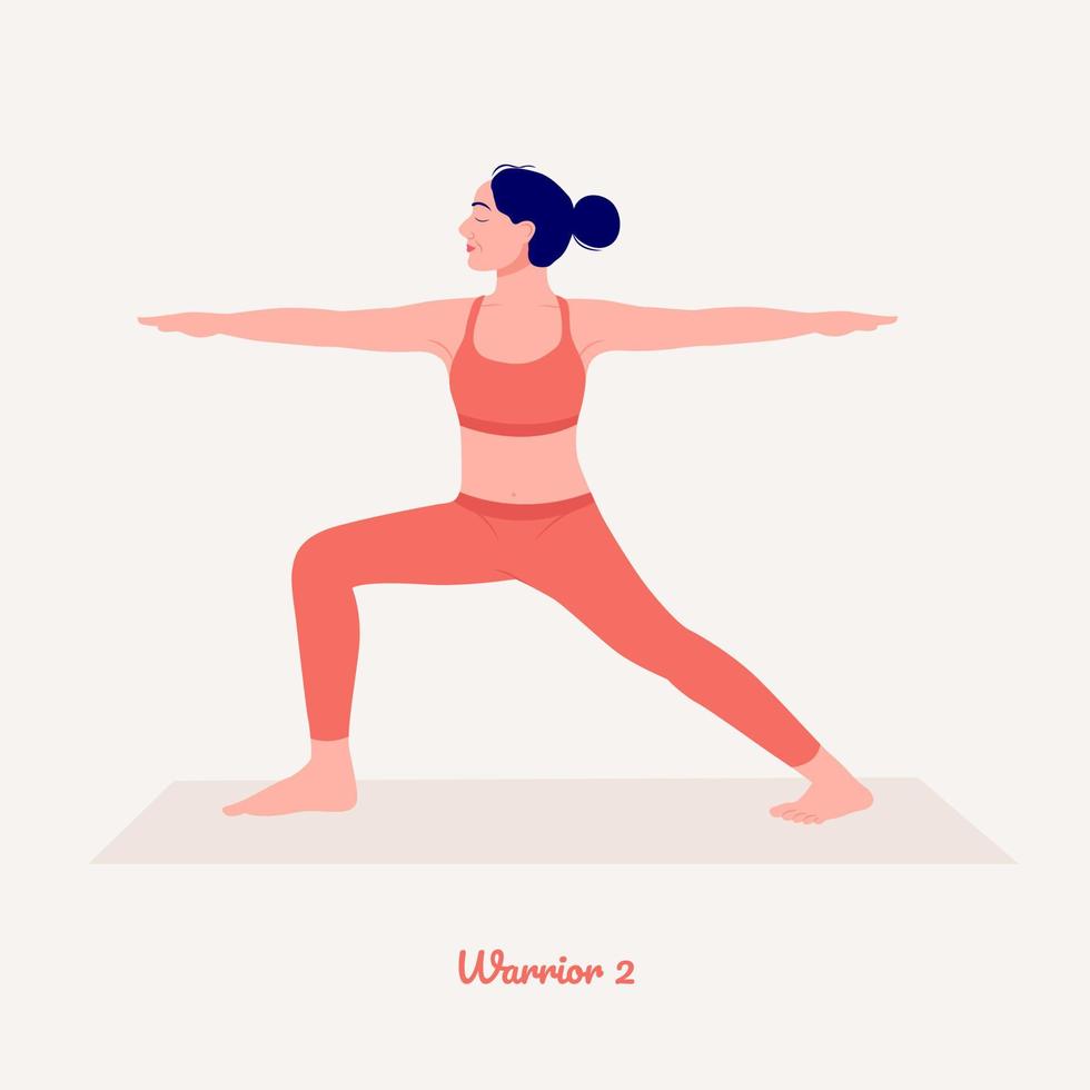 pose de yoga del guerrero ii. mujer joven practicando ejercicio de yoga. mujer entrenamiento fitness, aeróbicos y ejercicios. vector