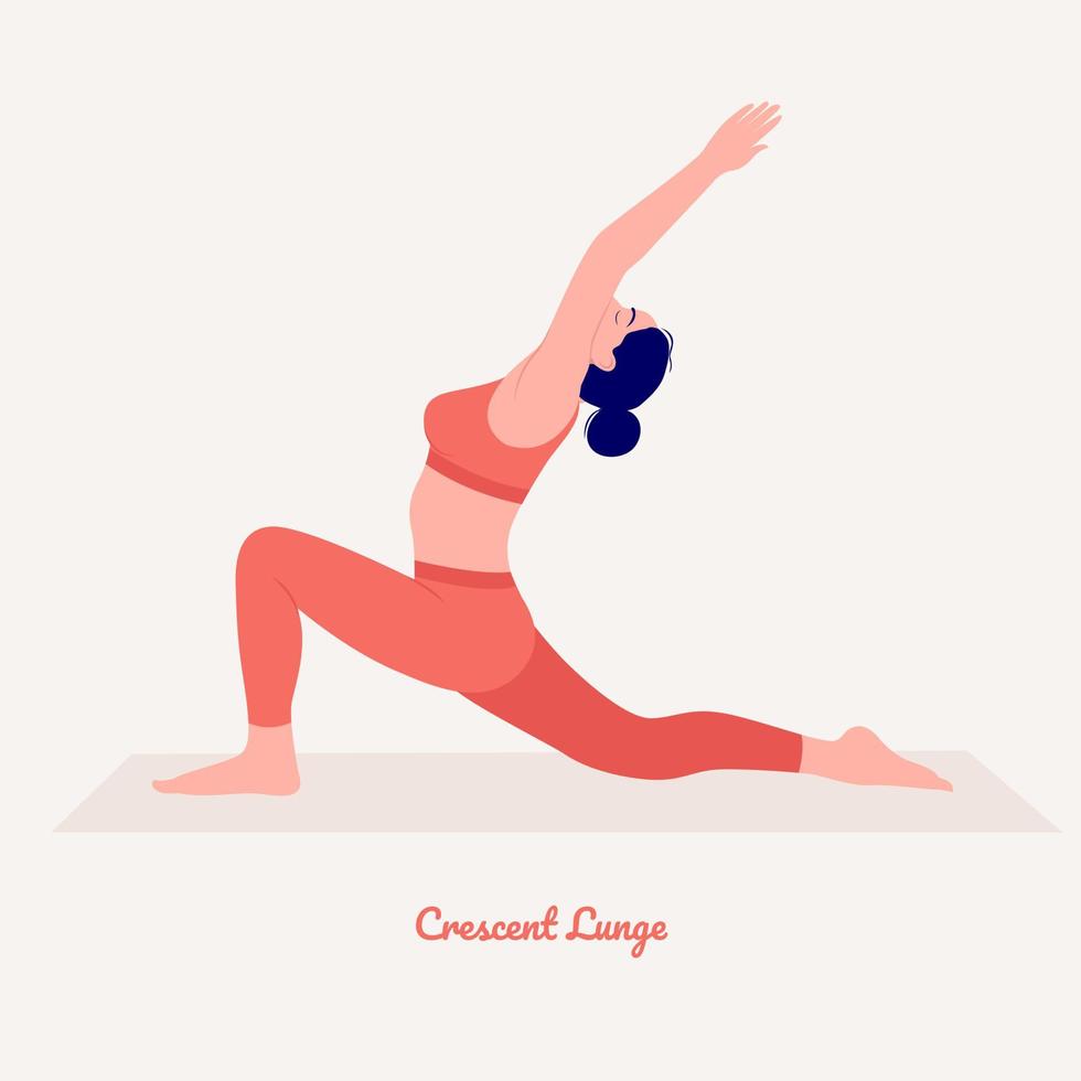 Crescent Lunge Yoga pose. Young woman practicing yoga exercise. Woman workout fitness, aerobic and exercises. vector