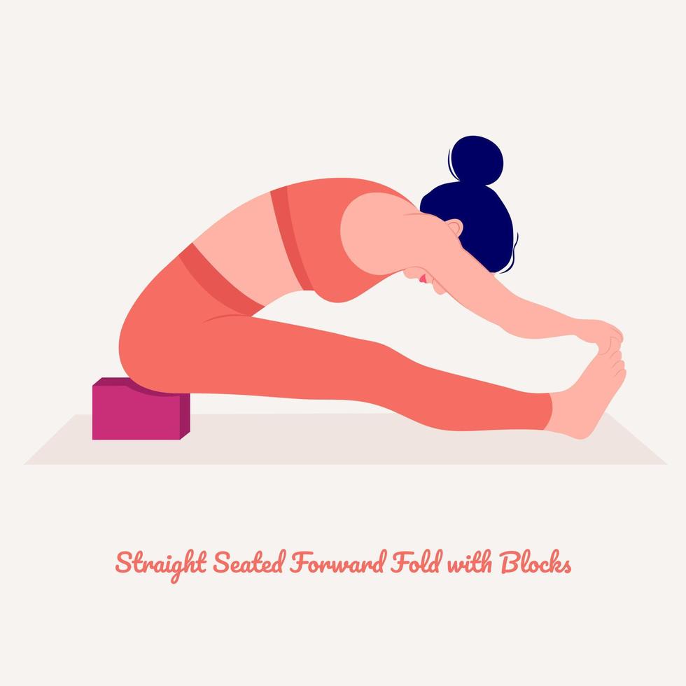 Straight Seated Forward Fold with Blocks Yoga pose. Young woman practicing yoga exercise. Woman workout fitness, aerobic and exercises. vector