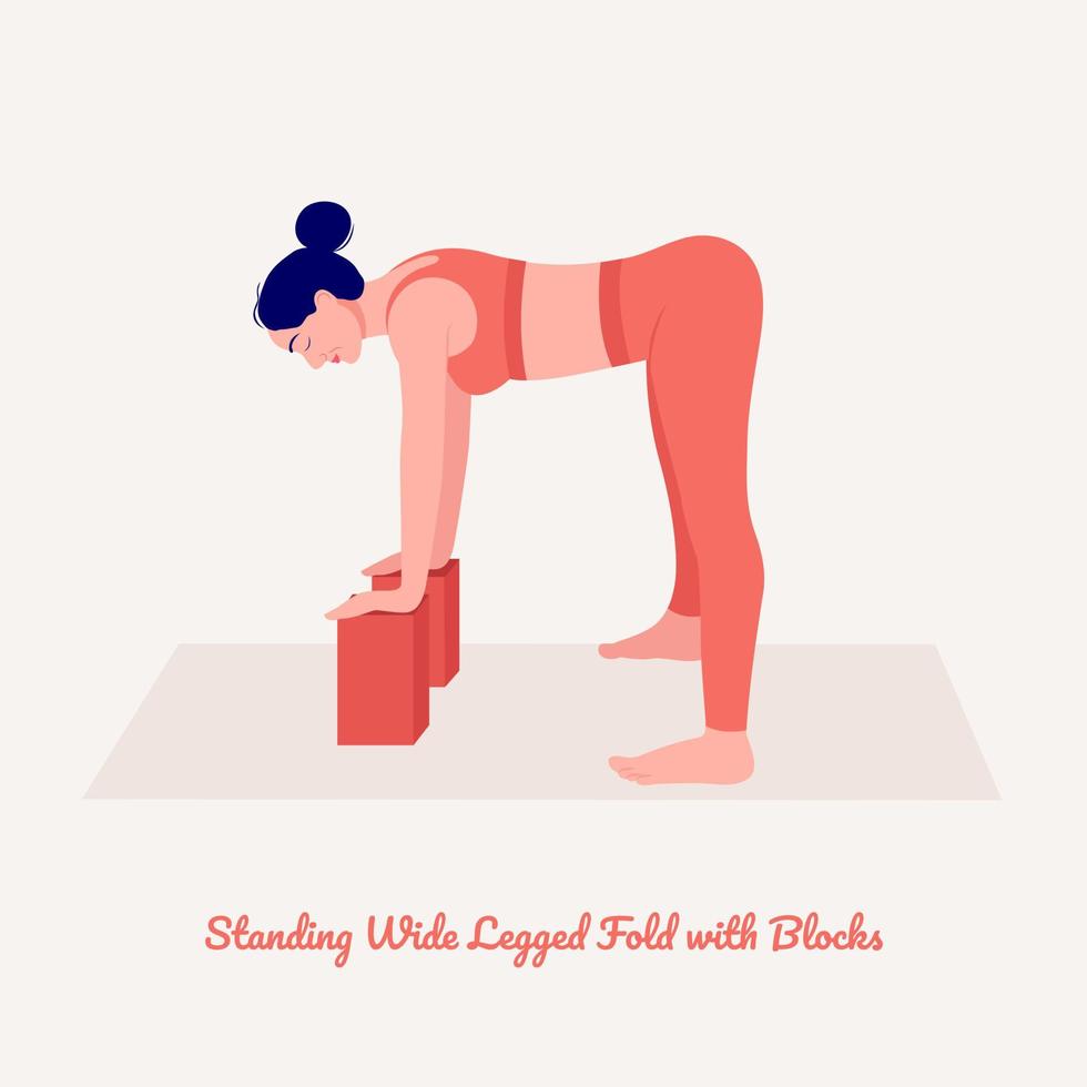 Standing Wide Legged Fold with Blocks Yoga pose. Young woman practicing yoga exercise. Woman workout fitness, aerobic and exercises. vector