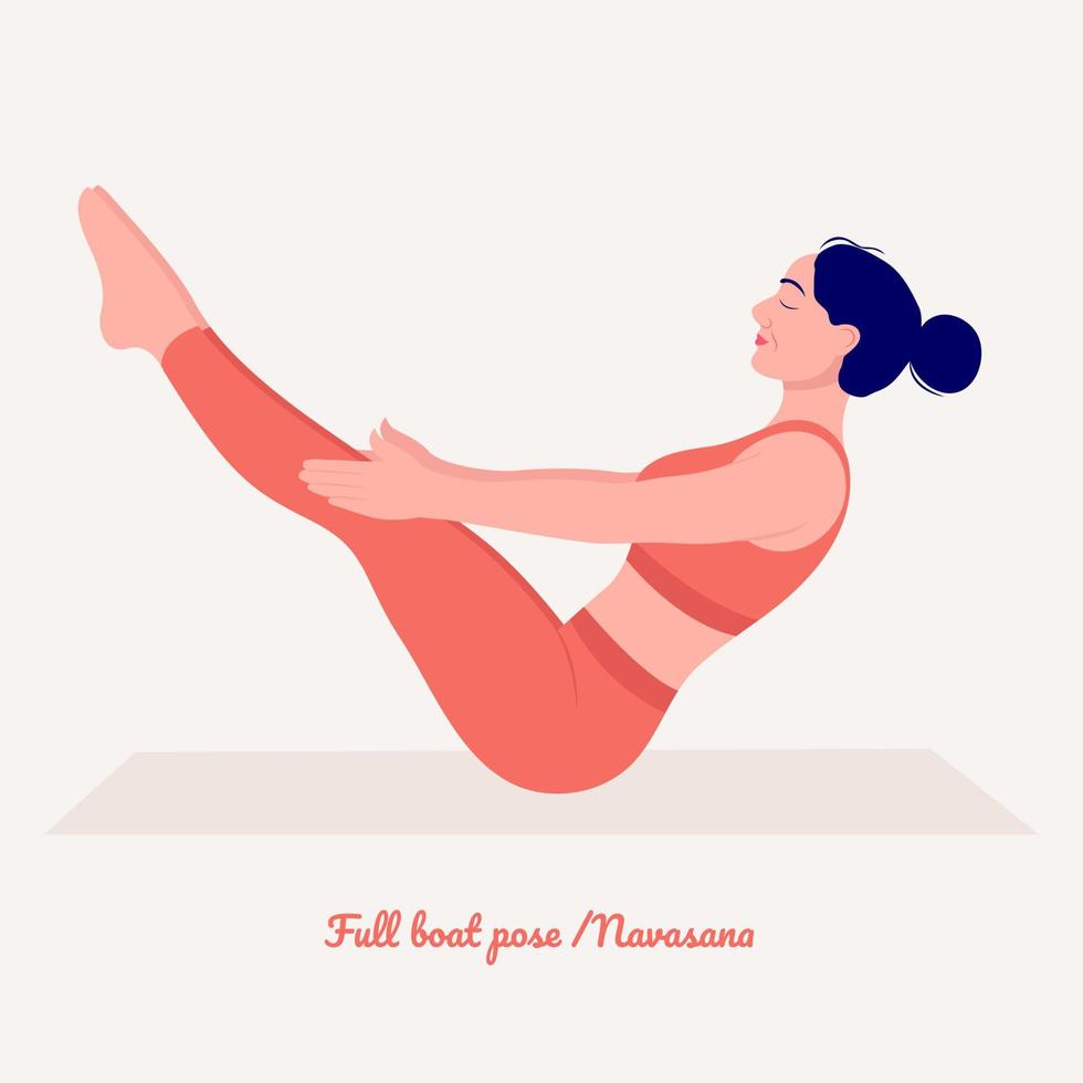 pose de yoga de barco completo. mujer joven practicando ejercicio de yoga. mujer entrenamiento fitness, aeróbicos y ejercicios. vector