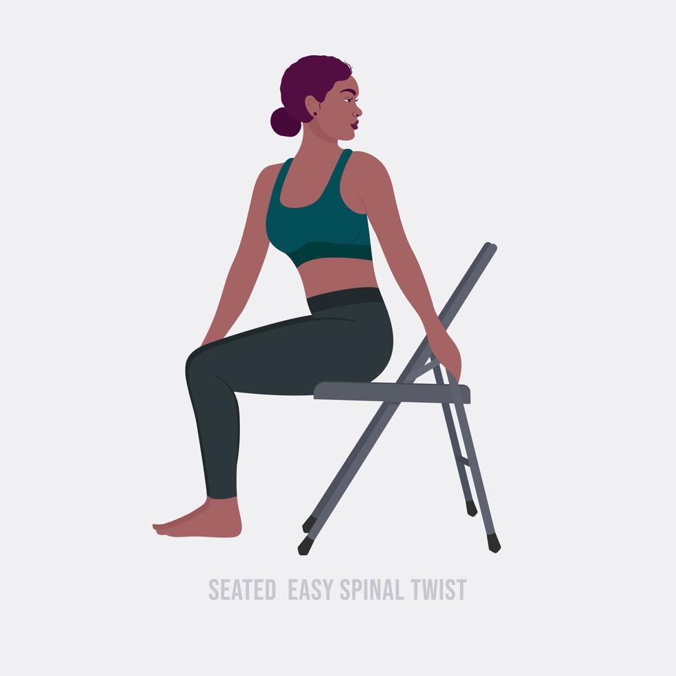 ejercicio de giro espinal fácil sentado. mujer haciendo ejercicios de fitness y yoga con silla vector