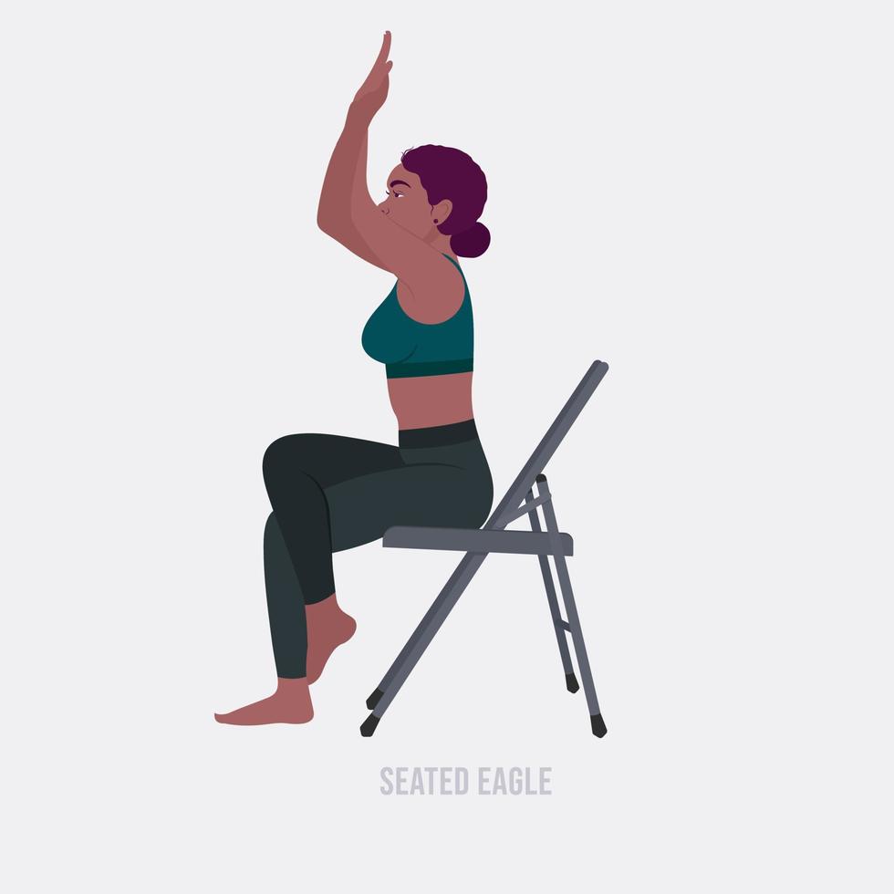 ejercicio de águila sentada. mujer haciendo ejercicios de fitness y yoga con silla. vector