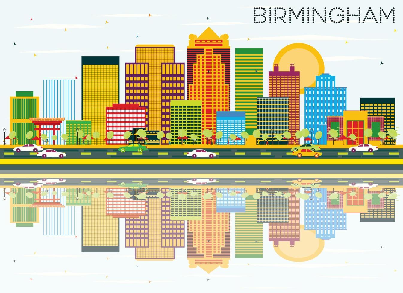 Birmingham Skyline with Color Buildings, Blue Sky and Reflections. vector