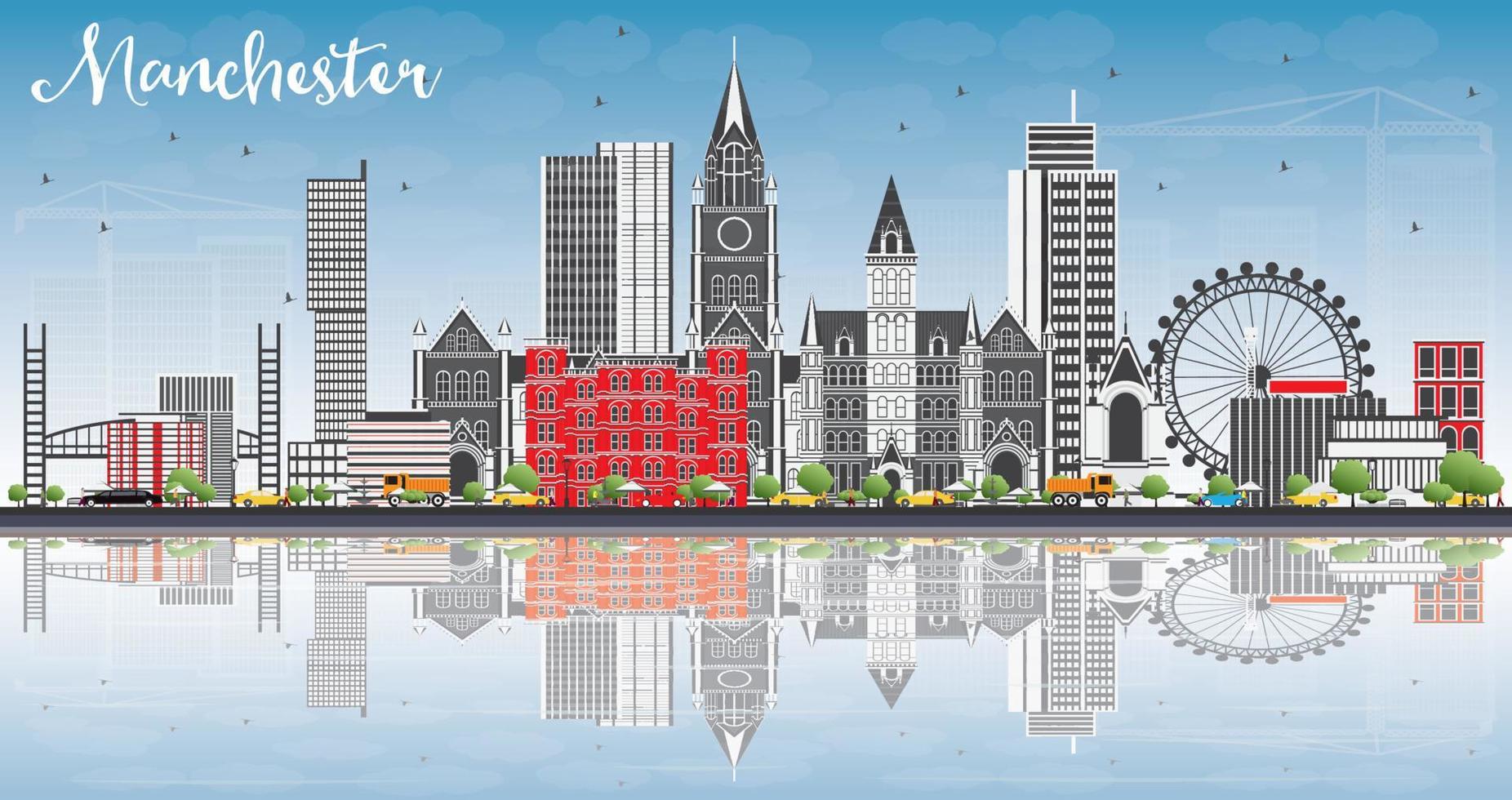 Manchester Skyline with Gray Buildings, Blue Sky and Reflections. vector