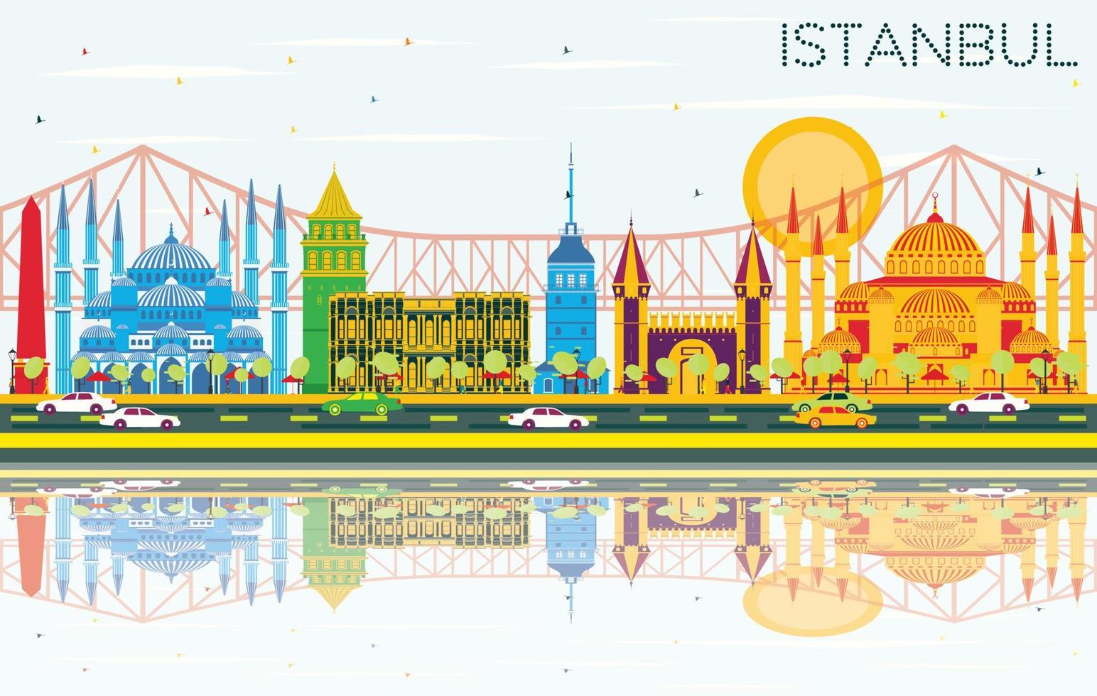 Istanbul Skyline with Color Landmarks, Blue Sky and Reflections. vector