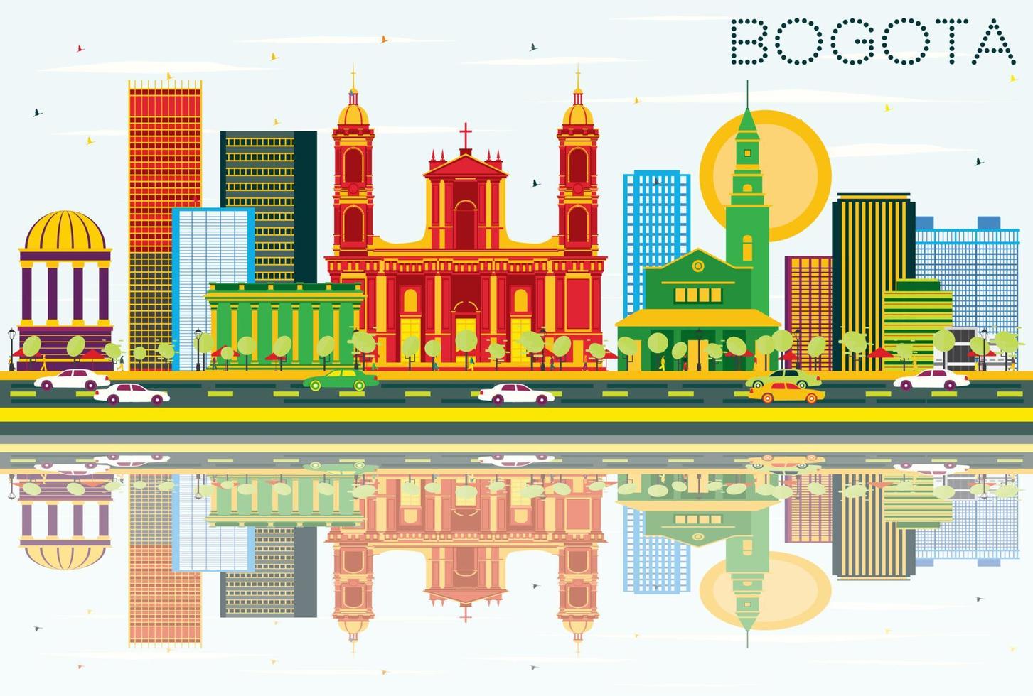 Bogota Colombia Skyline with Color Buildings, Blue Sky and Reflections. vector