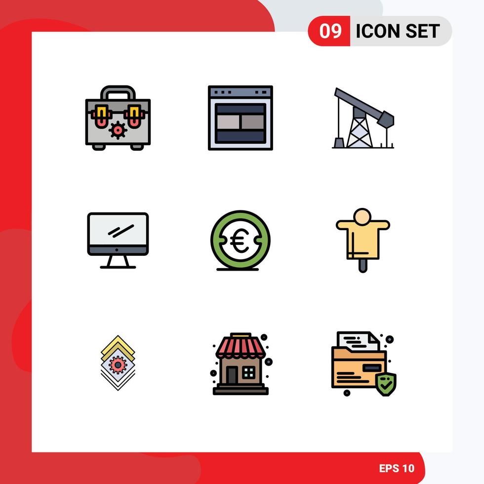 Group of 9 Modern Filledline Flat Colors Set for coin imac construction device computer Editable Vector Design Elements