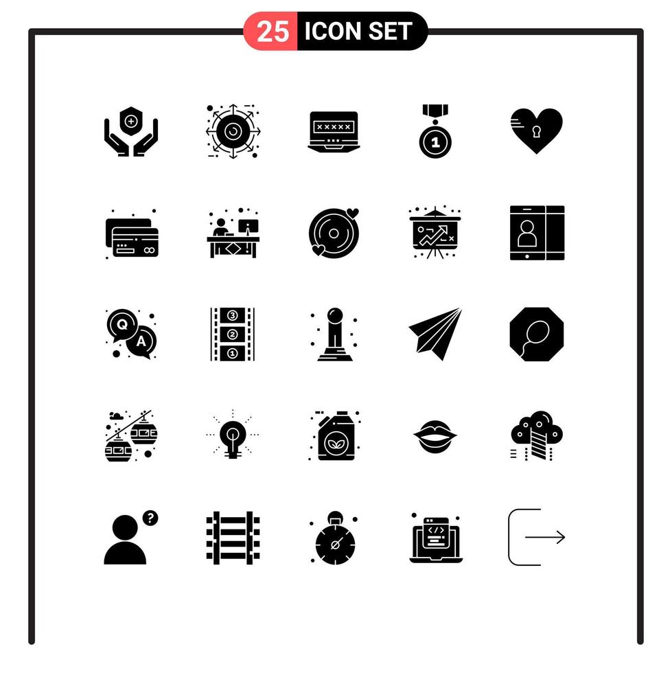 Group of 25 Modern Solid Glyphs Set for secure position laptop insignia best Editable Vector Design Elements