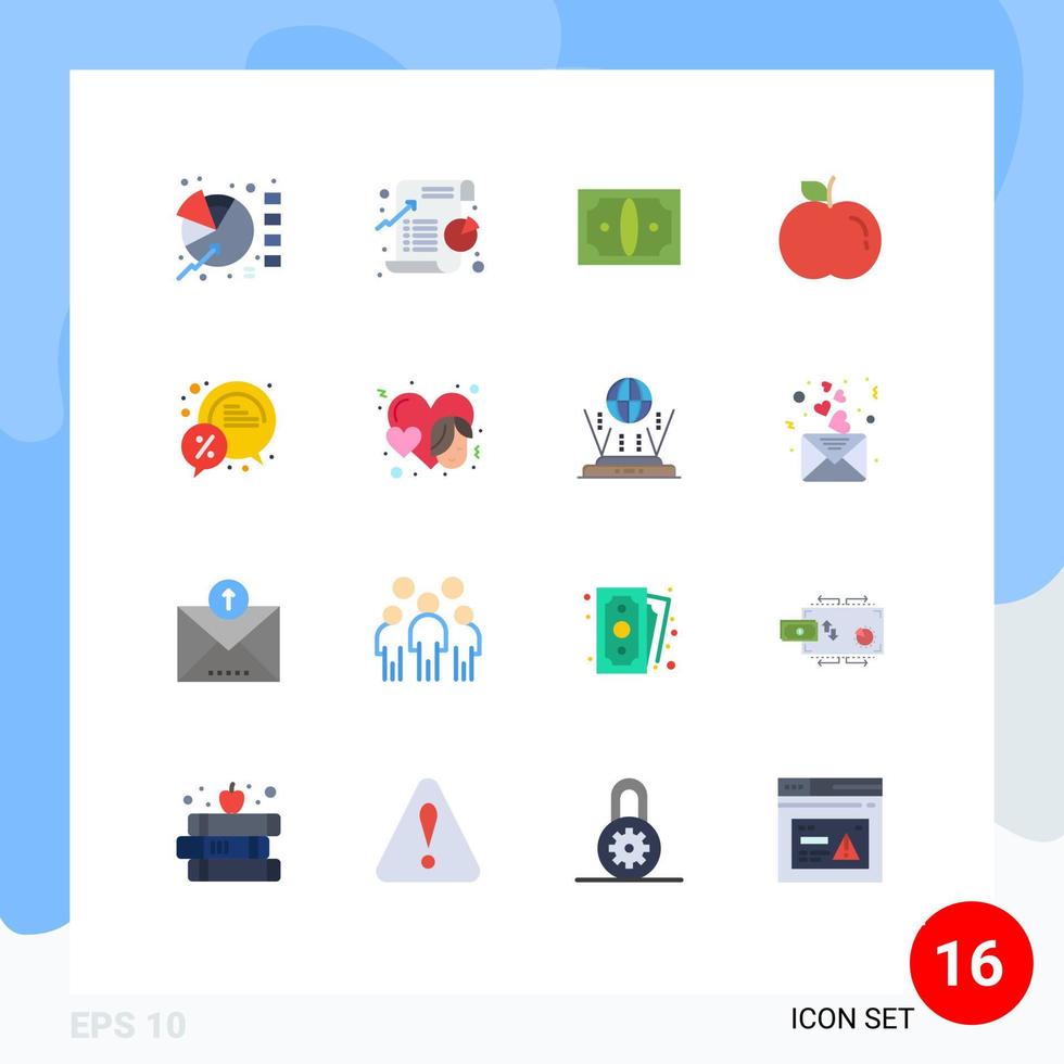 Flat Color Pack of 16 Universal Symbols of discount bubble statistic food money Editable Pack of Creative Vector Design Elements