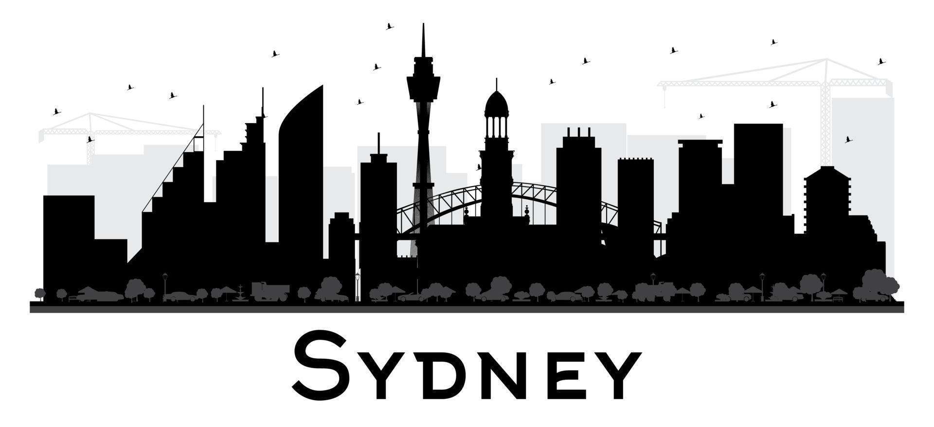 silueta en blanco y negro del horizonte de la ciudad de sydney. vector