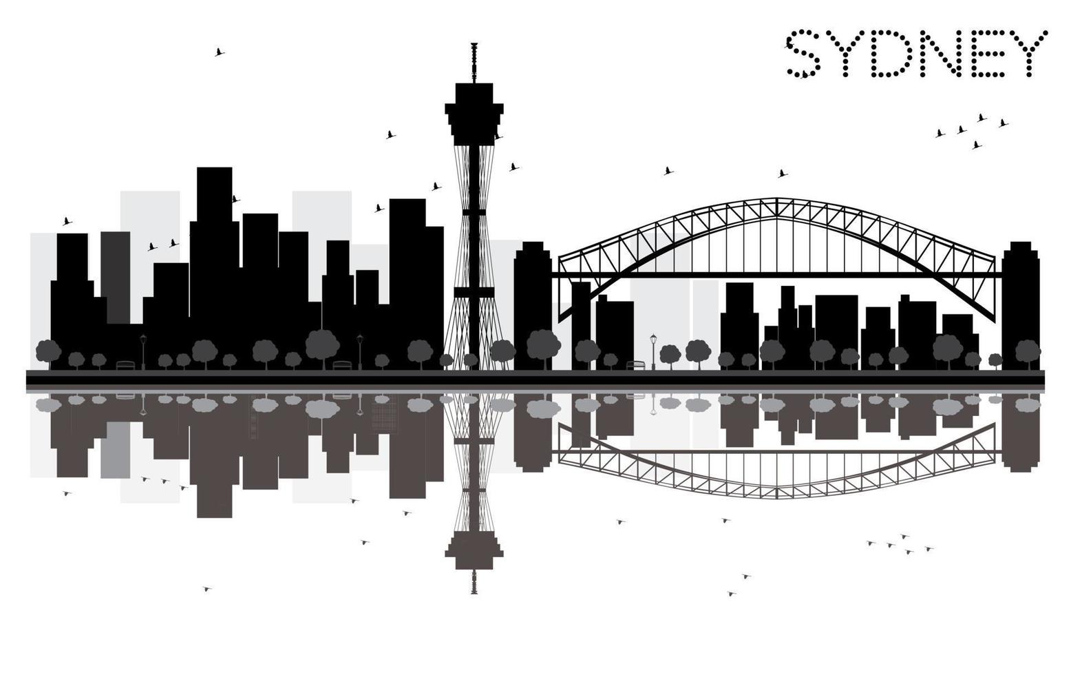 silueta en blanco y negro del horizonte de la ciudad de sydney con reflejos. vector