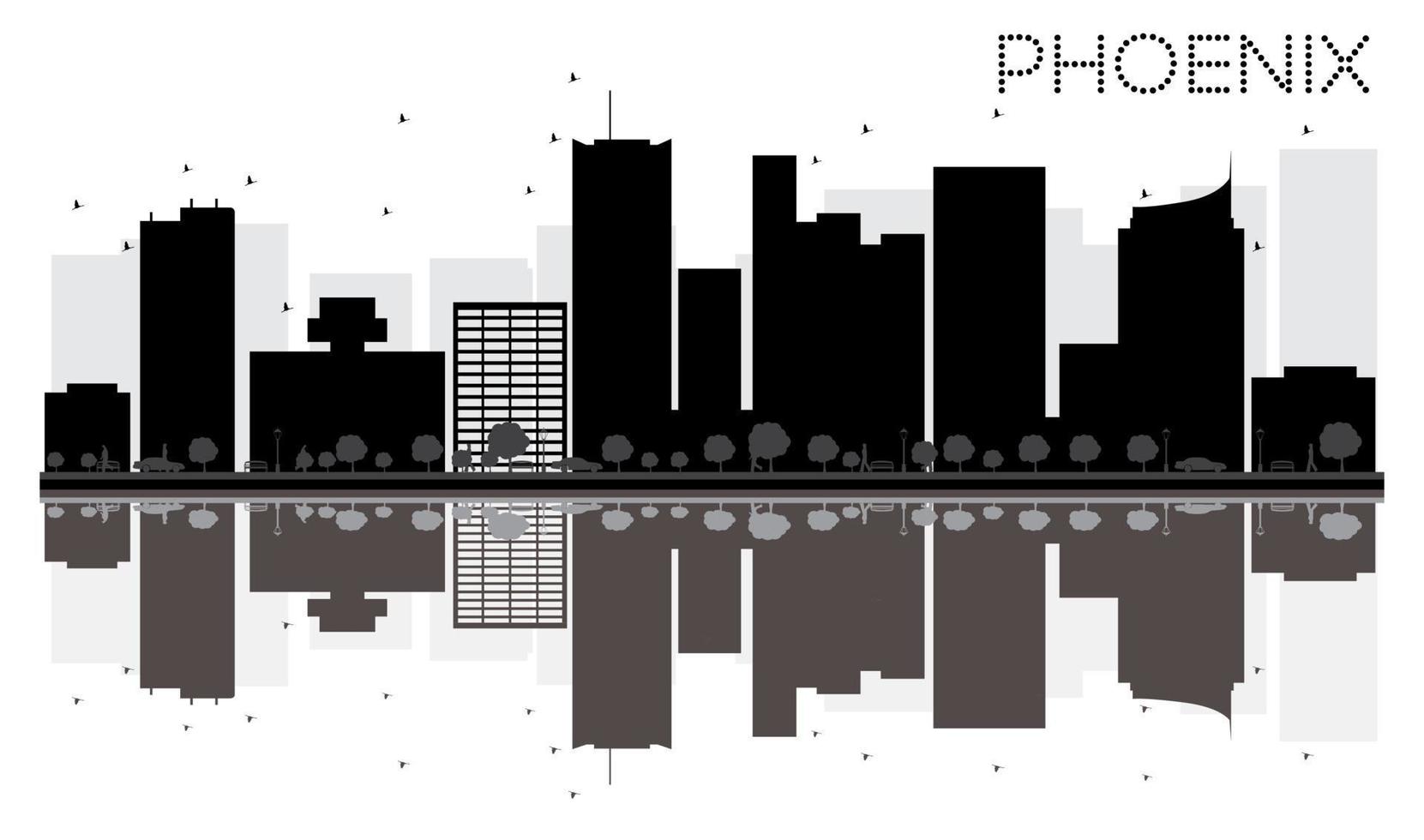 Phoenix City skyline black and white silhouette with reflections. vector